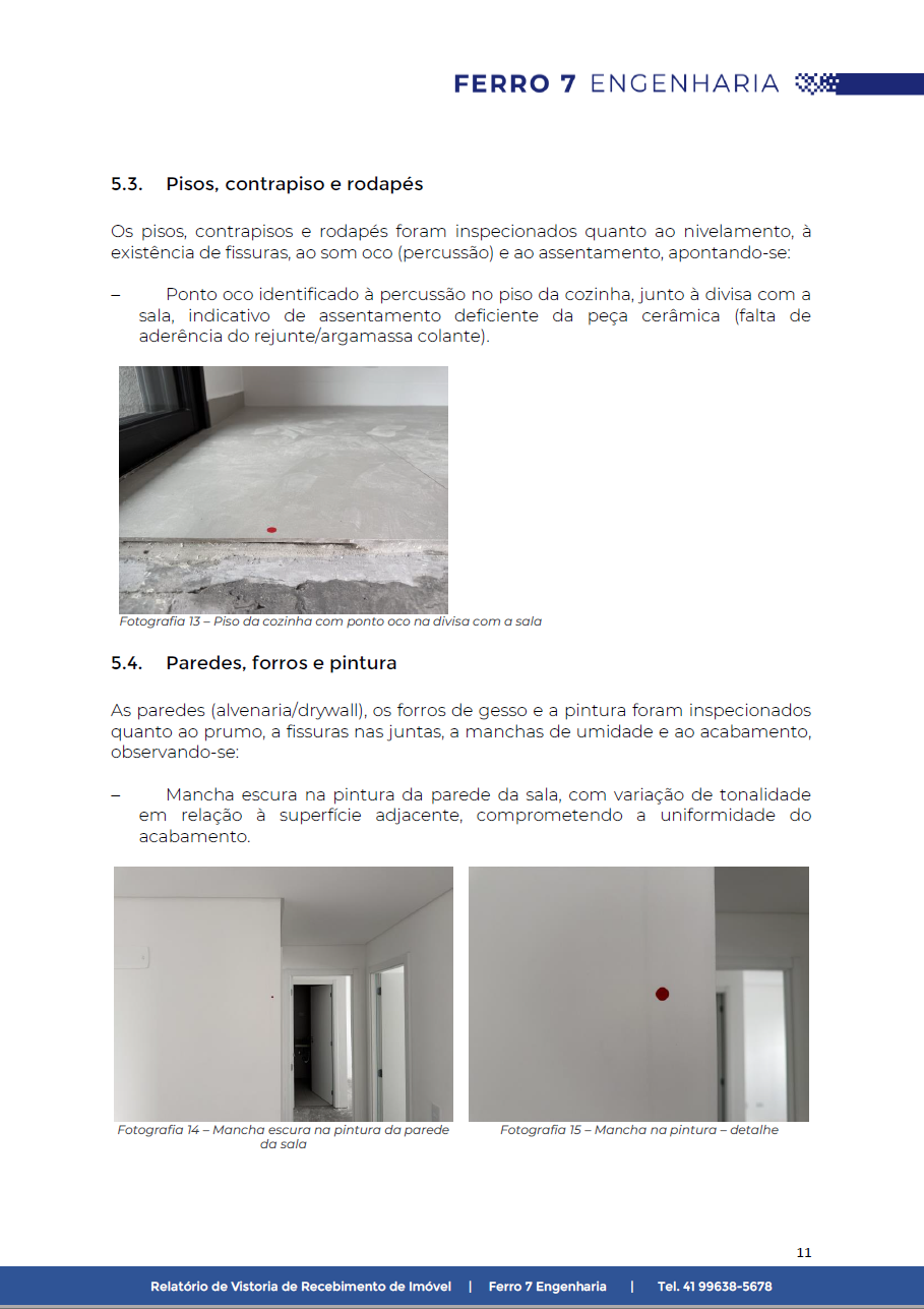 Página do laudo de vistoria de recebimento com registro das não conformidades